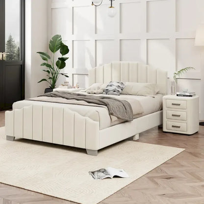 Ensemble de chambre moderne pour lit king size, avec tête de lit plateforme rembourrée et 2 tables de chevet à 3 tiroirs, sommier non requis.