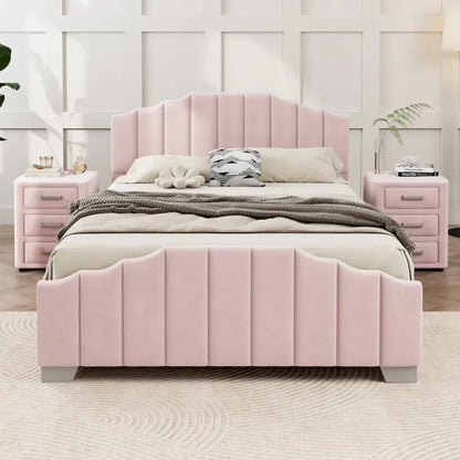Ensemble de chambre moderne pour lit king size, avec tête de lit plateforme rembourrée et 2 tables de chevet à 3 tiroirs, sommier non requis.