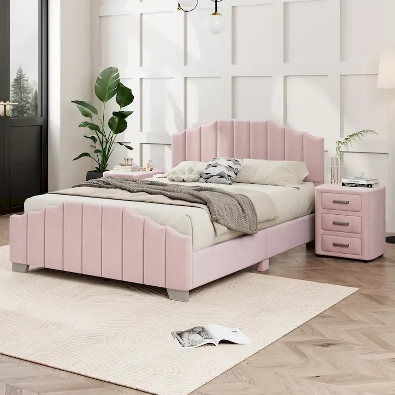Ensemble de chambre moderne pour lit king size, avec tête de lit plateforme rembourrée et 2 tables de chevet à 3 tiroirs, sommier non requis.