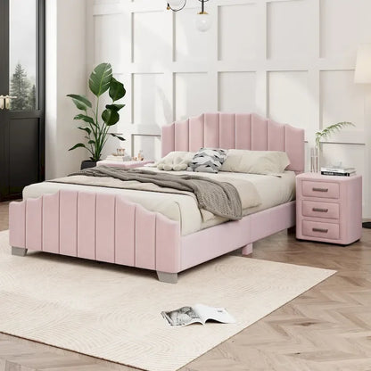 Ensemble de chambre moderne pour lit king size, avec tête de lit plateforme rembourrée et 2 tables de chevet à 3 tiroirs, sommier non requis.
