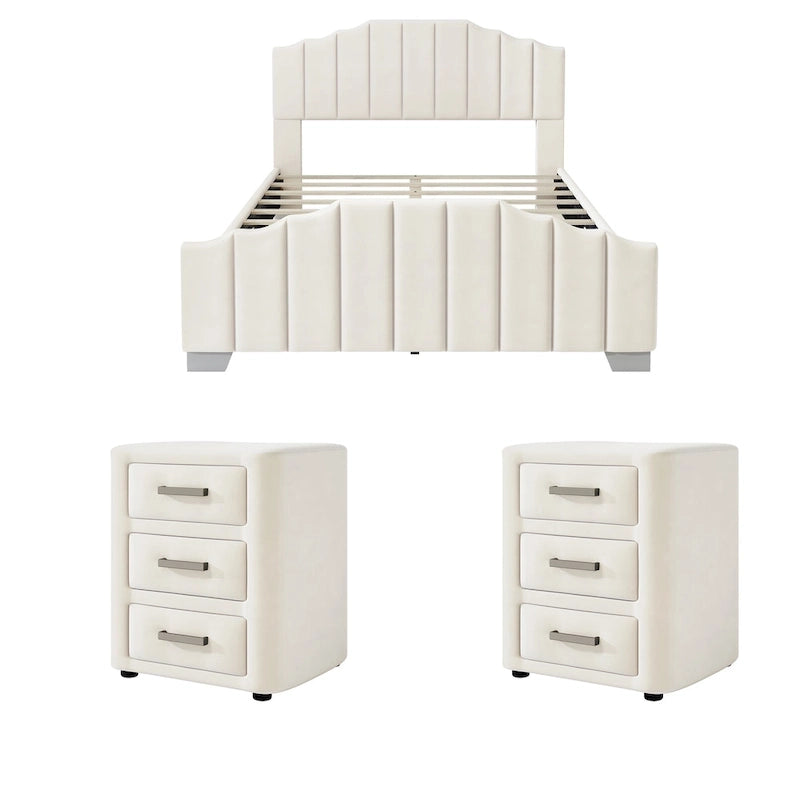 Ensemble de chambre moderne pour lit king size, avec tête de lit plateforme rembourrée et 2 tables de chevet à 3 tiroirs, sommier non requis.