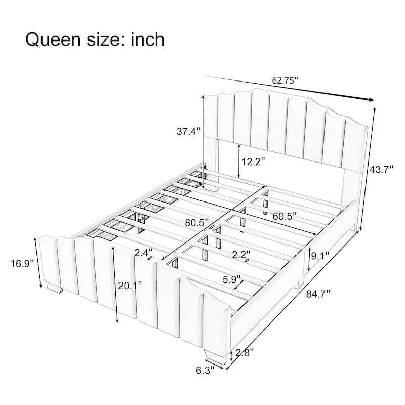Ensemble de chambre moderne pour lit king size, avec tête de lit plateforme rembourrée et 2 tables de chevet à 3 tiroirs, sommier non requis.