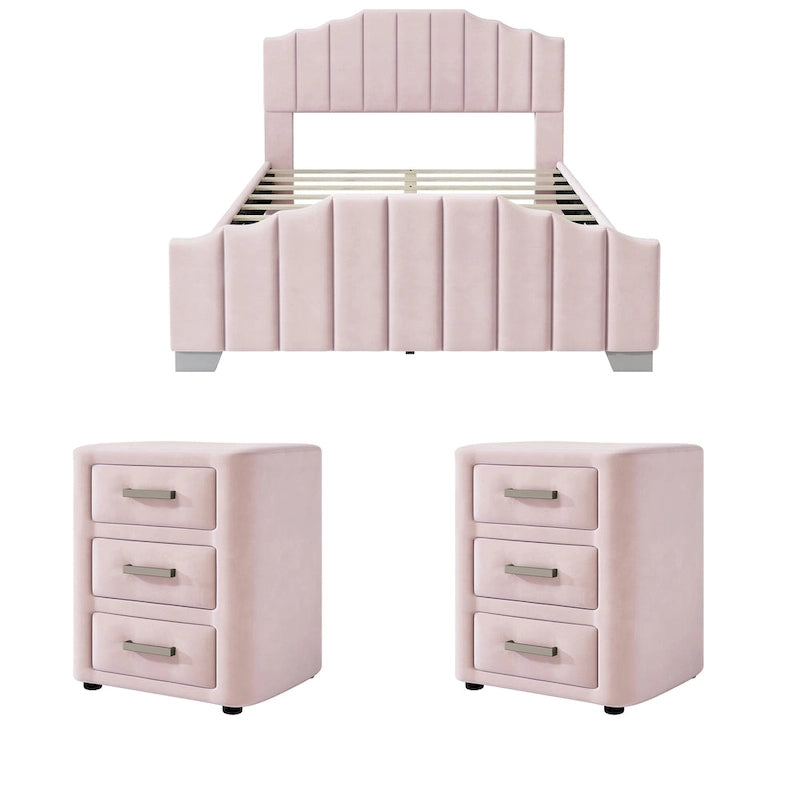 Ensemble de chambre moderne pour lit king size, avec tête de lit plateforme rembourrée et 2 tables de chevet à 3 tiroirs, sommier non requis.