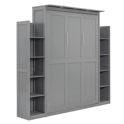 Full Size Murphy Bed Wall Bed with Shelves and LED Lights