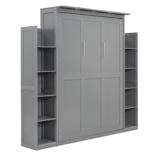 Full Size Murphy Bed Wall Bed with Shelves and LED Lights