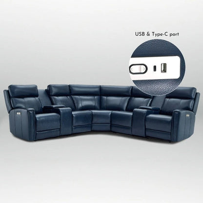 Canapé d'angle inclinable électrique en cuir véritable avec appui-tête réglable et ports USB et USB-C
