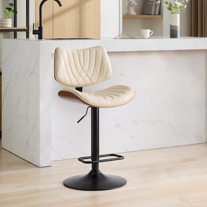 Ensemble moderne de 2 tabourets de bar pivotants avec dossier en cuir, assise rembourrée, base chromée et hauteur réglable, pour îlot de cuisine