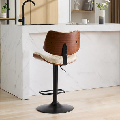 Ensemble moderne de 2 tabourets de bar pivotants avec dossier en cuir, assise rembourrée, base chromée et hauteur réglable, pour îlot de cuisine