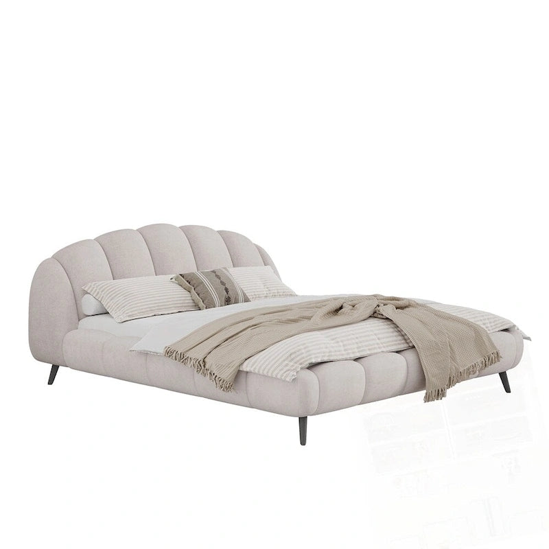 Lit plateforme King Size en chenille, design en forme de coquillage