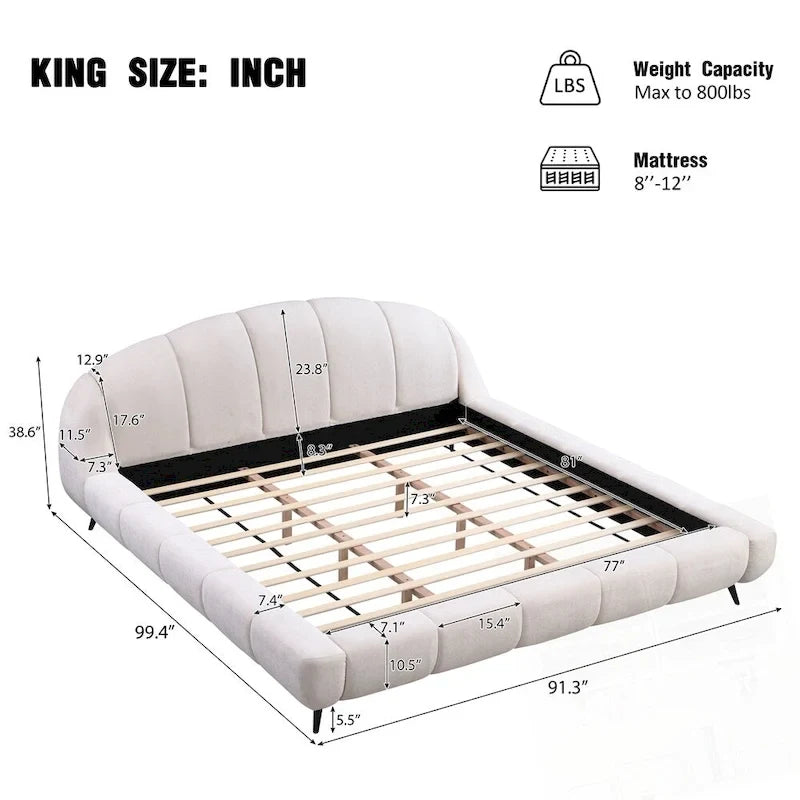 Lit plateforme King Size en chenille, design en forme de coquillage