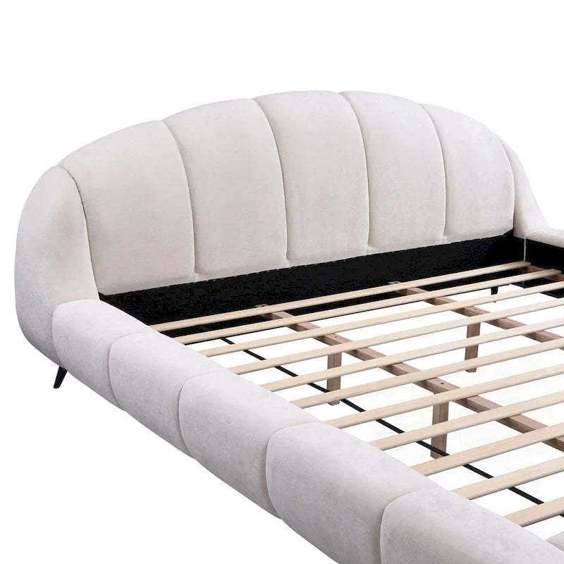 Lit plateforme King Size en chenille, design en forme de coquillage