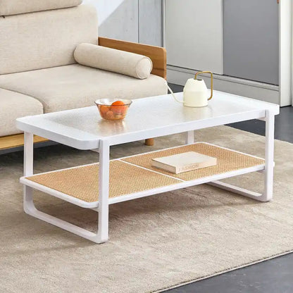 White Double-Layer Coffee Table, Glass Tabletop Imitation Rattan Side Table, Rectangular Solid Wood Table for Living Room