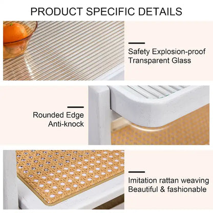 Table basse blanche à double plateau, table d'appoint rectangulaire en bois massif avec plateau en verre et imitation rotin, idéale pour le salon.