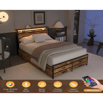 Lit coffre pleine grandeur avec lumières LED, station de recharge et 8 tiroirs