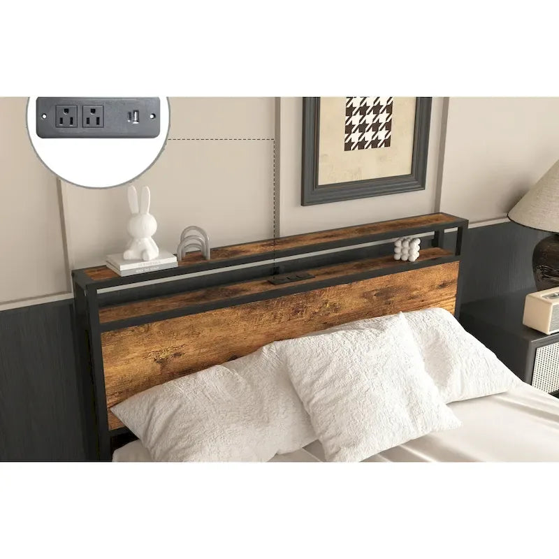Lit coffre pleine grandeur avec lumières LED, station de recharge et 8 tiroirs
