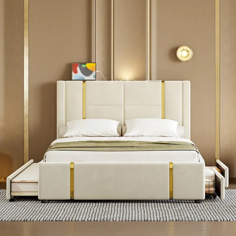 Lit plateforme en velours Queen avec 2 tiroirs, port USB et veilleuse