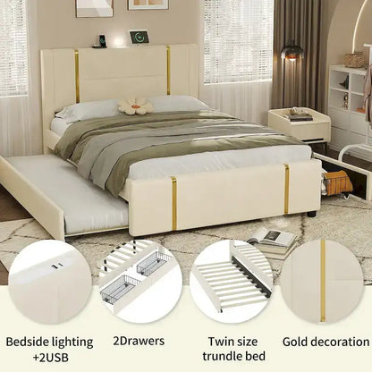 Lit plateforme en velours Queen avec 2 tiroirs, port USB et veilleuse