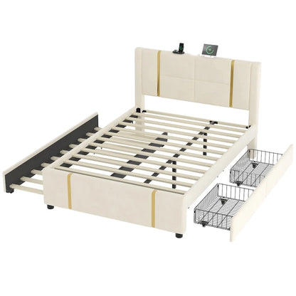 Lit plateforme en velours Queen avec 2 tiroirs, port USB et veilleuse