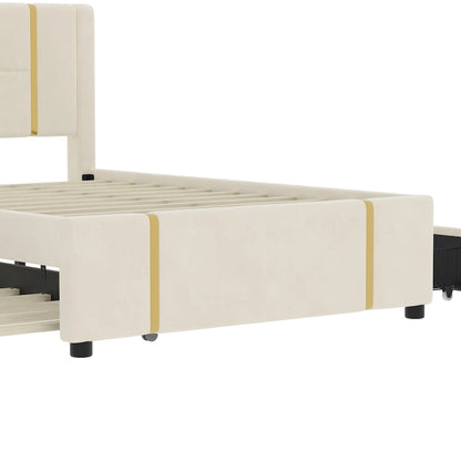 Lit plateforme en velours Queen avec 2 tiroirs, port USB et veilleuse