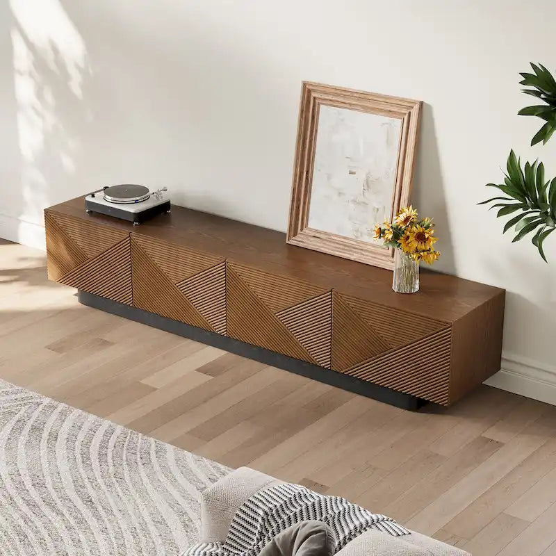 Meuble TV moderne du milieu du siècle 78,74, avec placage en bois massif brun, console multimédia avec 4 placards