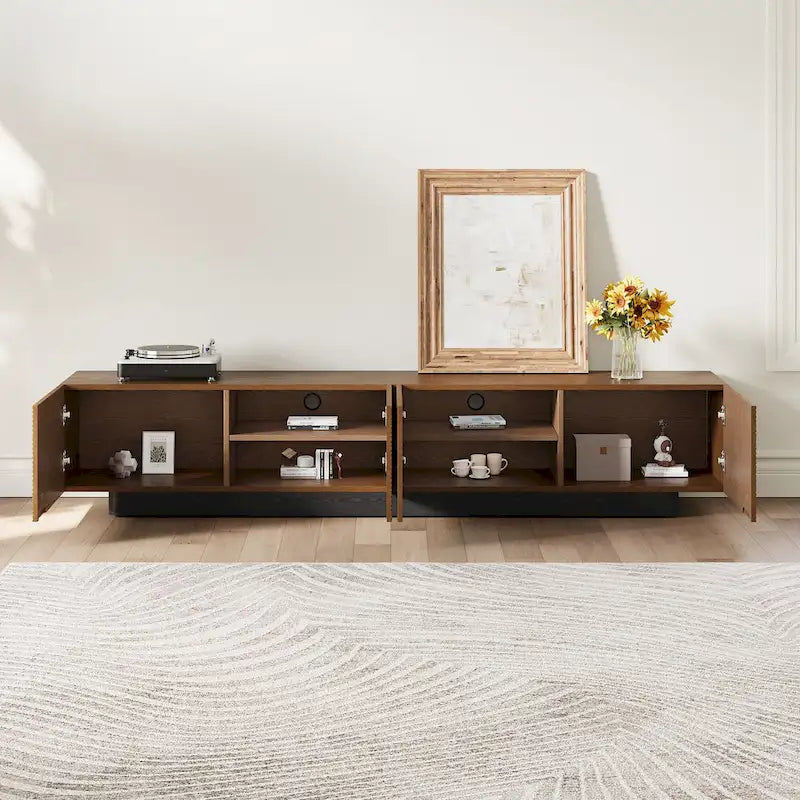 Meuble TV moderne du milieu du siècle 78,74, avec placage en bois massif brun, console multimédia avec 4 placards
