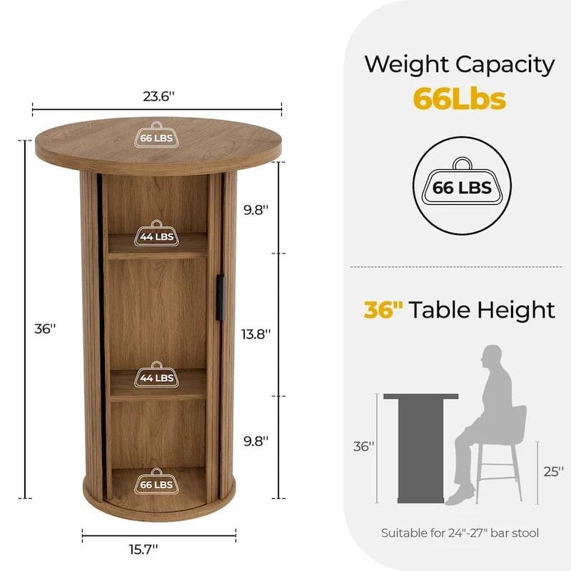 Petite table de salle à manger Tambour avec étagère de rangement à trois niveaux, table de bar ronde de 91 cm de haut - Non disponible