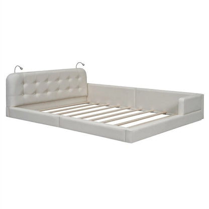 Lit plateforme rembourré avec 2 lampes de lecture intégrées, cadre de lit Queen Size en PU, lit au sol avec tête de lit capitonnée.