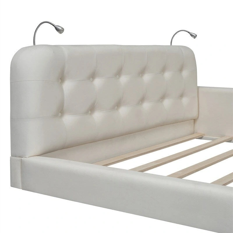 Lit plateforme rembourré avec 2 lampes de lecture intégrées, cadre de lit Queen Size en PU, lit au sol avec tête de lit capitonnée.