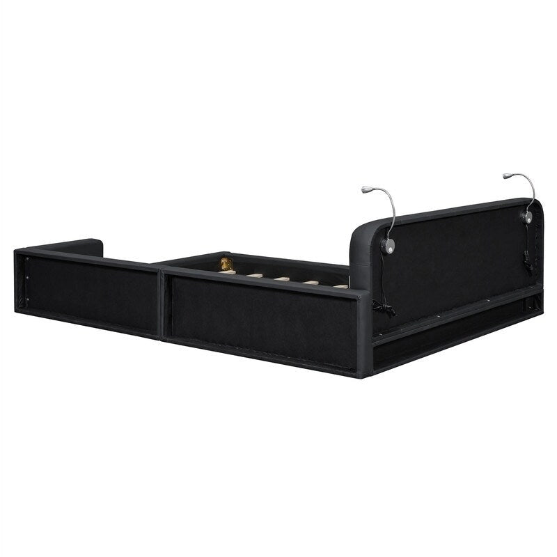 Lit plateforme rembourré avec 2 lampes de lecture intégrées, cadre de lit Queen Size en PU, lit au sol avec tête de lit capitonnée.