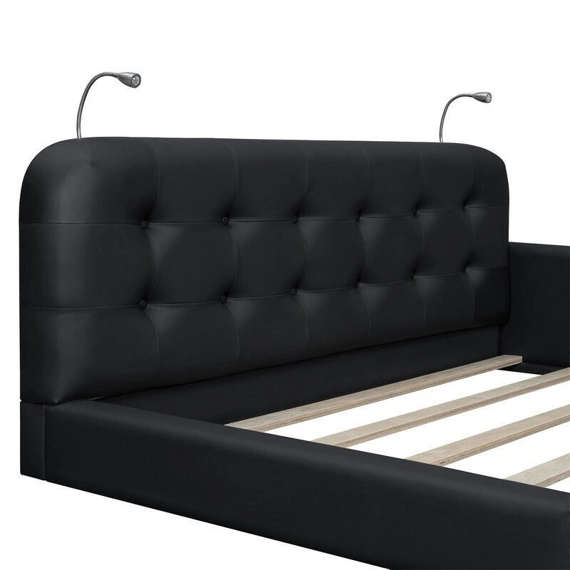 Lit plateforme rembourré avec 2 lampes de lecture intégrées, cadre de lit Queen Size en PU, lit au sol avec tête de lit capitonnée.