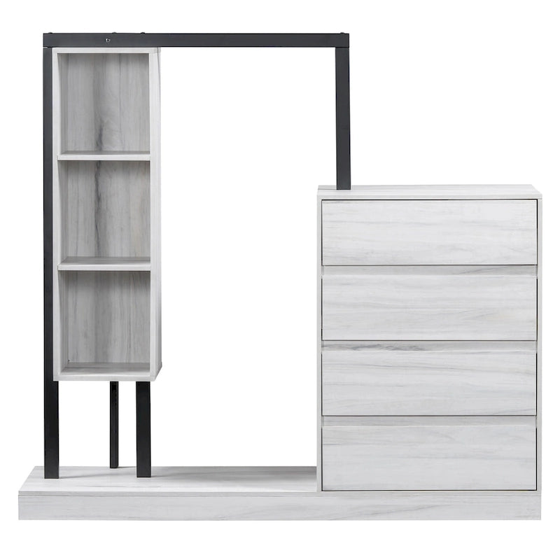 Armoire-penderie ouverte avec 4 tiroirs, 3 étagères et une tringle à vêtements. Armoire en bois autoportante pour chambre à coucher.