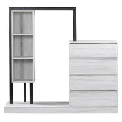Armoire-penderie ouverte avec 4 tiroirs, 3 étagères et une tringle à vêtements. Armoire en bois autoportante pour chambre à coucher.
