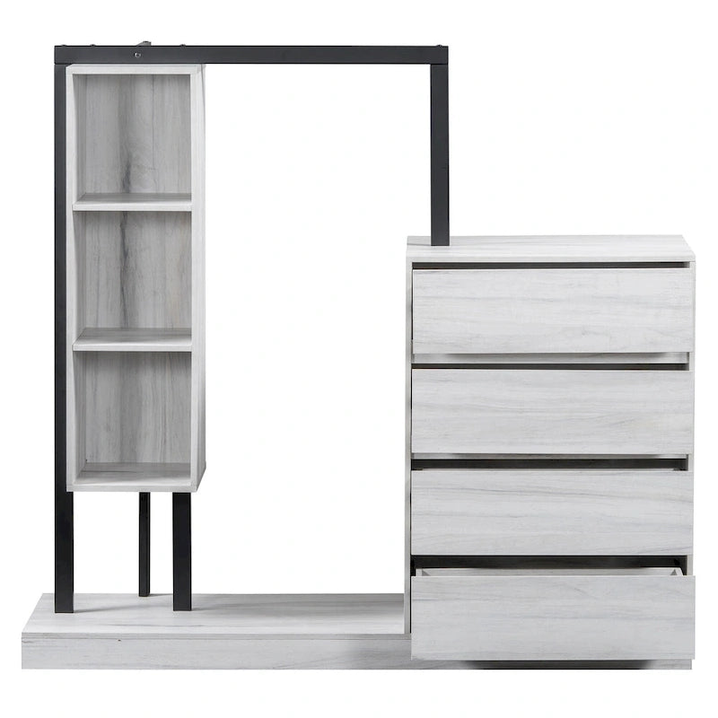 Armoire-penderie ouverte avec 4 tiroirs, 3 étagères et une tringle à vêtements. Armoire en bois autoportante pour chambre à coucher.
