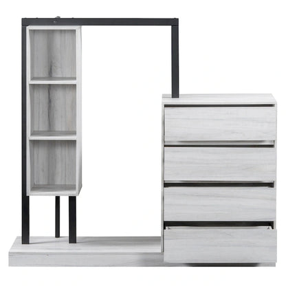 Armoire-penderie ouverte avec 4 tiroirs, 3 étagères et une tringle à vêtements. Armoire en bois autoportante pour chambre à coucher.