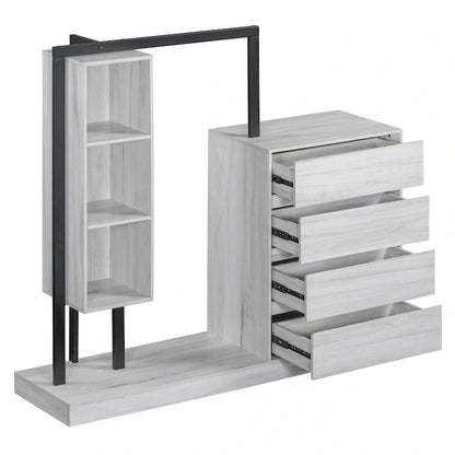 Armoire-penderie ouverte avec 4 tiroirs, 3 étagères et une tringle à vêtements. Armoire en bois autoportante pour chambre à coucher.