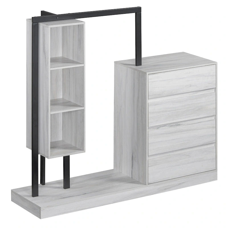 Armoire-penderie ouverte avec 4 tiroirs, 3 étagères et une tringle à vêtements. Armoire en bois autoportante pour chambre à coucher.