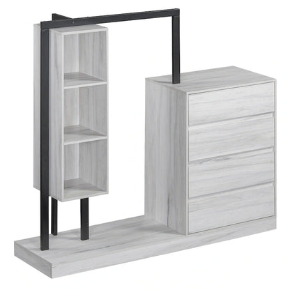 Armoire-penderie ouverte avec 4 tiroirs, 3 étagères et une tringle à vêtements. Armoire en bois autoportante pour chambre à coucher.