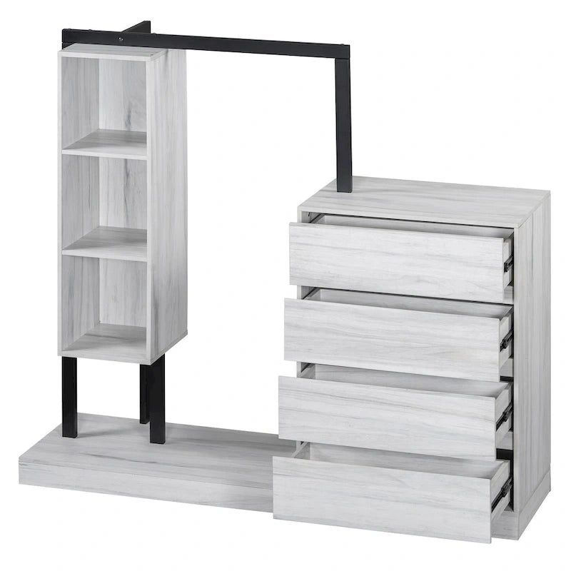 Armoire-penderie ouverte avec 4 tiroirs, 3 étagères et une tringle à vêtements. Armoire en bois autoportante pour chambre à coucher.