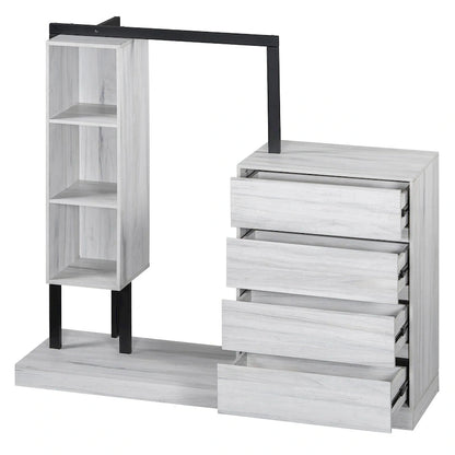 Armoire-penderie ouverte avec 4 tiroirs, 3 étagères et une tringle à vêtements. Armoire en bois autoportante pour chambre à coucher.