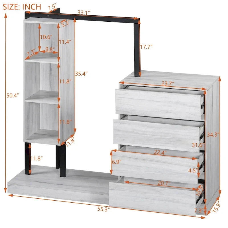 Armoire-penderie ouverte avec 4 tiroirs, 3 étagères et une tringle à vêtements. Armoire en bois autoportante pour chambre à coucher.