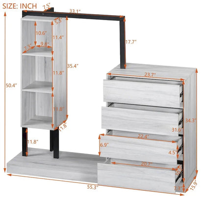 Armoire-penderie ouverte avec 4 tiroirs, 3 étagères et une tringle à vêtements. Armoire en bois autoportante pour chambre à coucher.