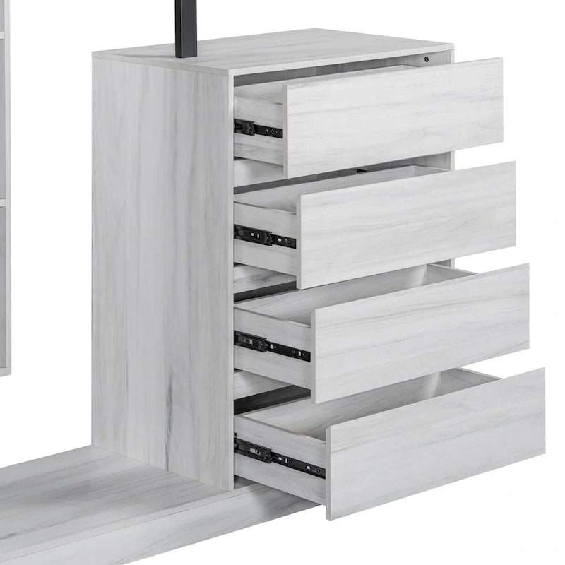 Armoire-penderie ouverte avec 4 tiroirs, 3 étagères et une tringle à vêtements. Armoire en bois autoportante pour chambre à coucher.