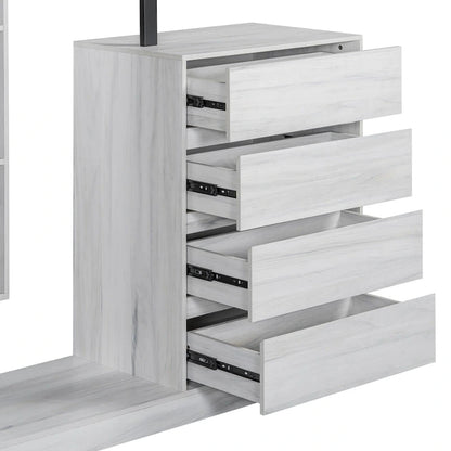 Armoire-penderie ouverte avec 4 tiroirs, 3 étagères et une tringle à vêtements. Armoire en bois autoportante pour chambre à coucher.