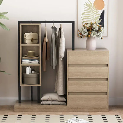 Armoire-penderie ouverte avec 4 tiroirs, 3 étagères et une tringle à vêtements. Armoire en bois autoportante pour chambre à coucher.