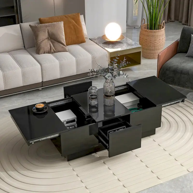 Table basse moderne et élégante, extensible, avec 2 grands compartiments de rangement et 2 tiroirs, pour le salon.