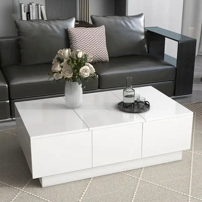 Table basse moderne et élégante, extensible, avec 2 grands compartiments de rangement et 2 tiroirs, pour le salon.