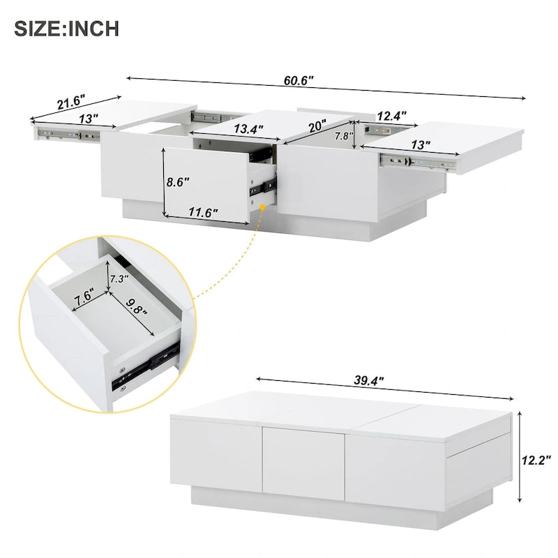 Table basse moderne et élégante, extensible, avec 2 grands compartiments de rangement et 2 tiroirs, pour le salon.