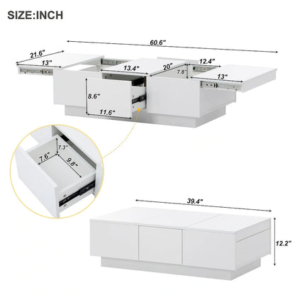 Table basse moderne et élégante, extensible, avec 2 grands compartiments de rangement et 2 tiroirs, pour le salon.