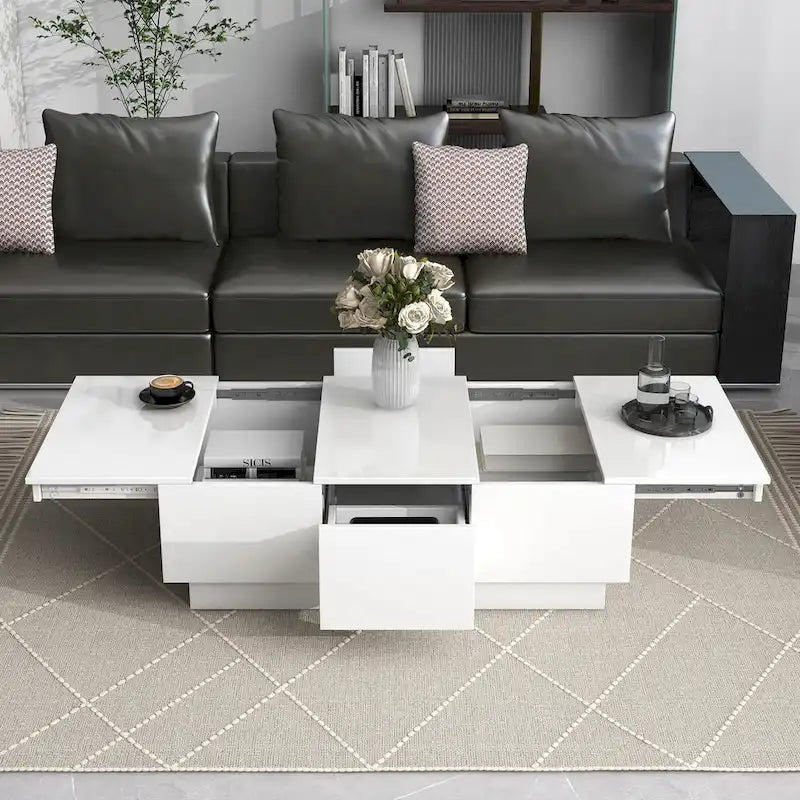 Table basse moderne et élégante, extensible, avec 2 grands compartiments de rangement et 2 tiroirs, pour le salon.