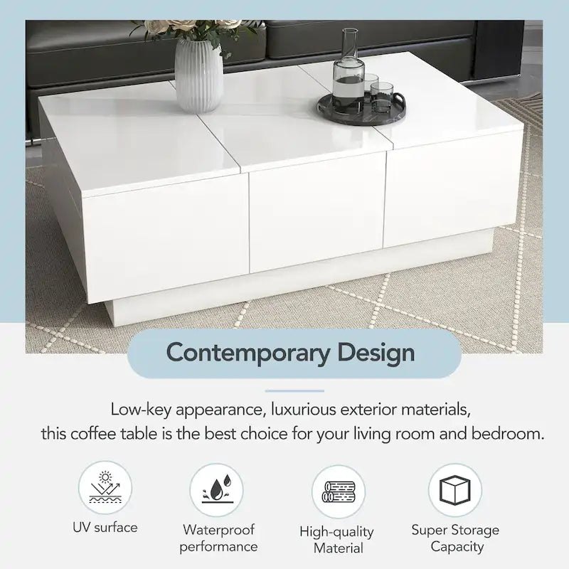 Table basse moderne et élégante, extensible, avec 2 grands compartiments de rangement et 2 tiroirs, pour le salon.